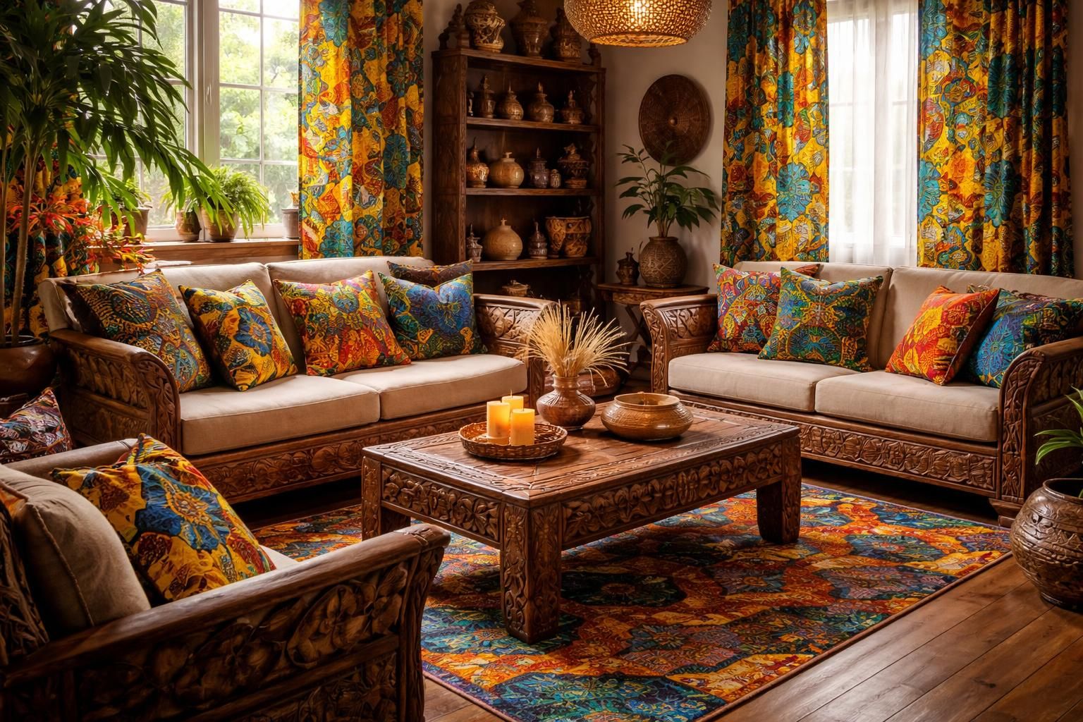 découvrez comment intégrer des influences africaines dans votre décoration intérieure grâce aux tissus wax colorés et au mobilier artisanal en bois sculpté pour un style unique et chaleureux.